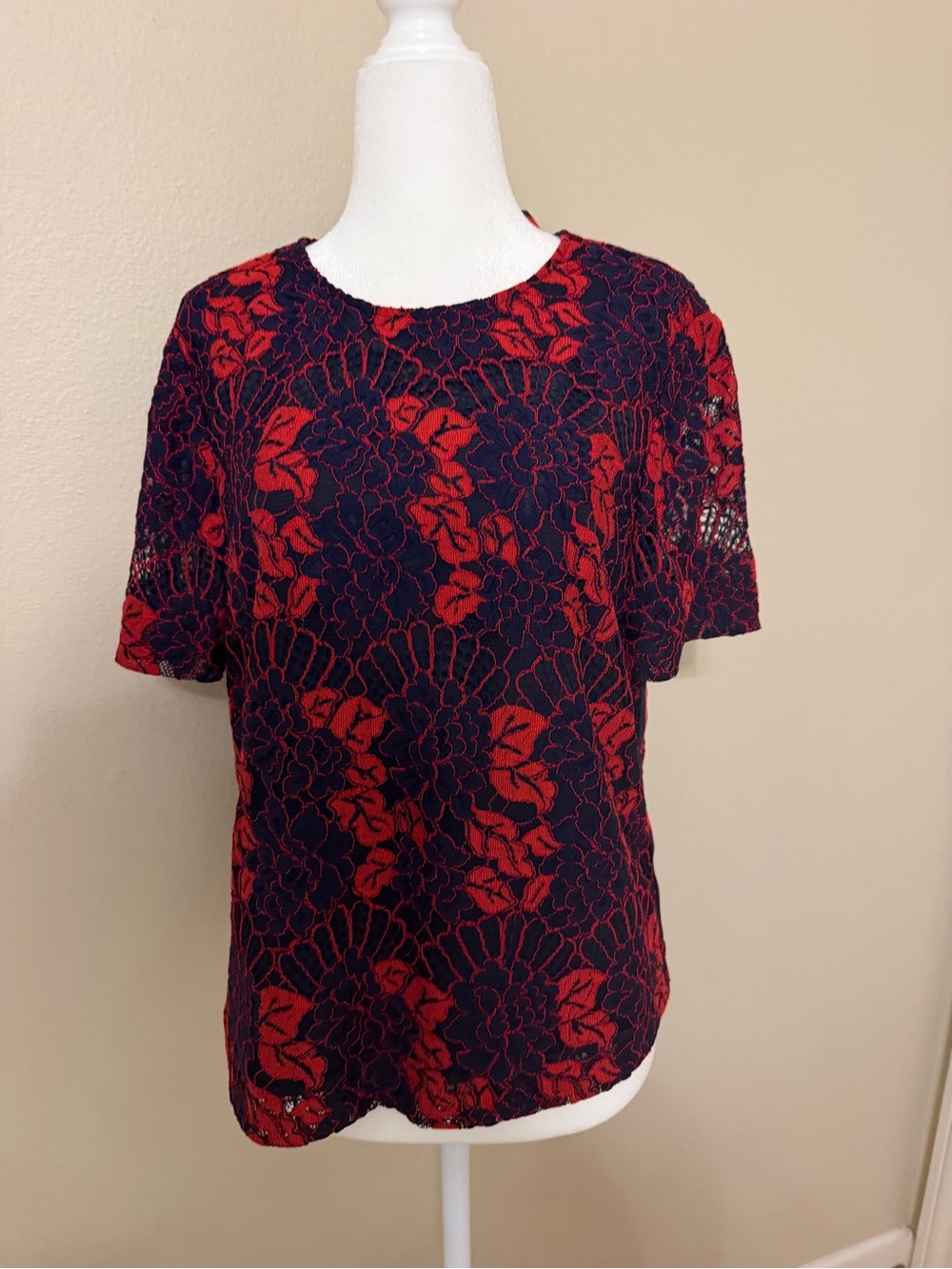 Ted Baker Red Lace Floral Overlay Short Sleeve Top